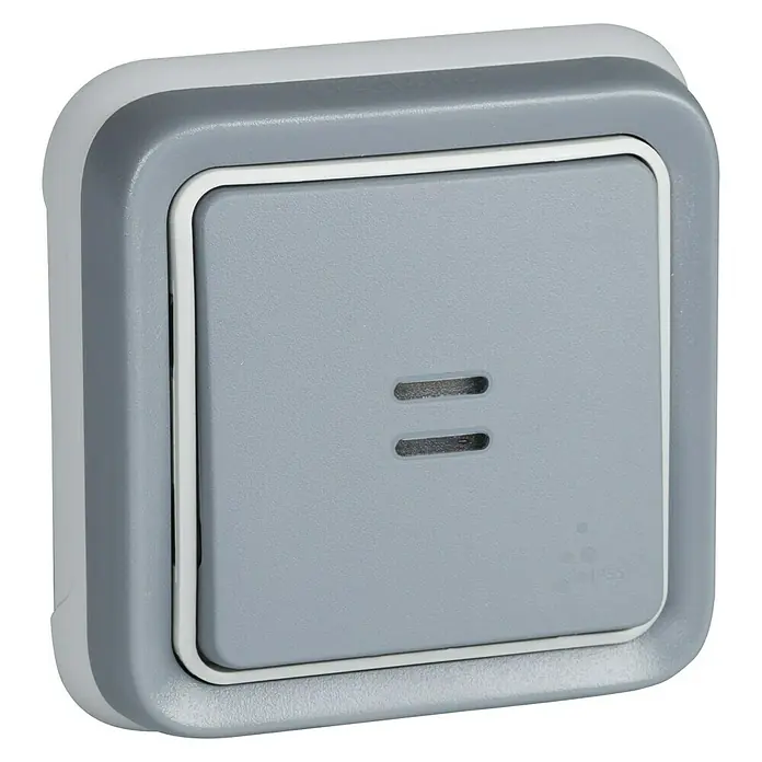 Legrand Plexo Pulsador para estancias con humedad con luz - Gris, Instalación empotrada, IP55 - Primer plano de un interruptor de luz gris IP55 a prueba de salpicaduras con doble línea para uso interior y exterior.