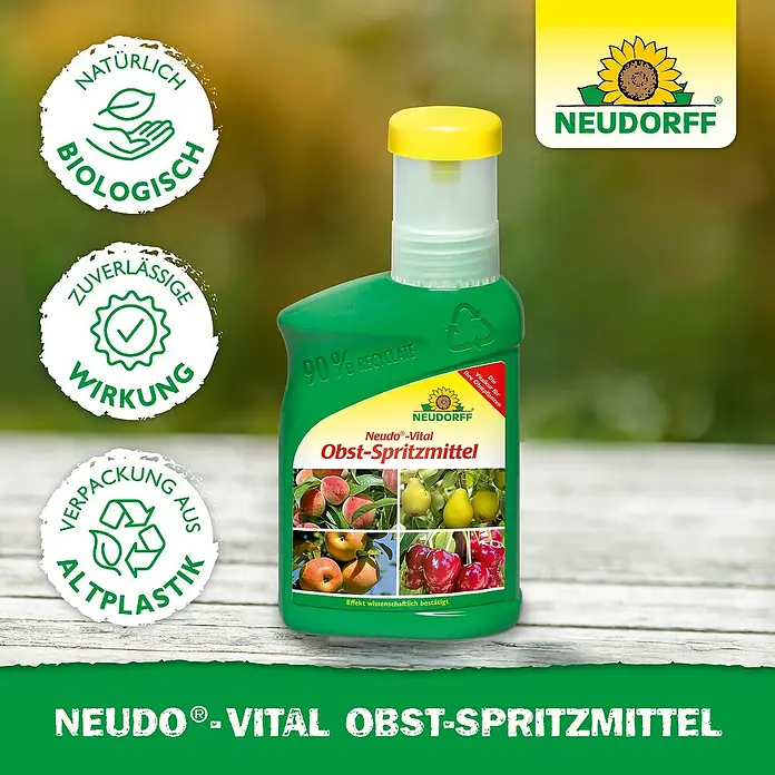 Neudorff Neudo-Vital Obst-Spritzmittel - 250 ml - Eine Flasche Neudorff Vital Obst-Spritzmittel, ein biologisches Produkt zur Schädlingsbekämpfung im Obstgarten.