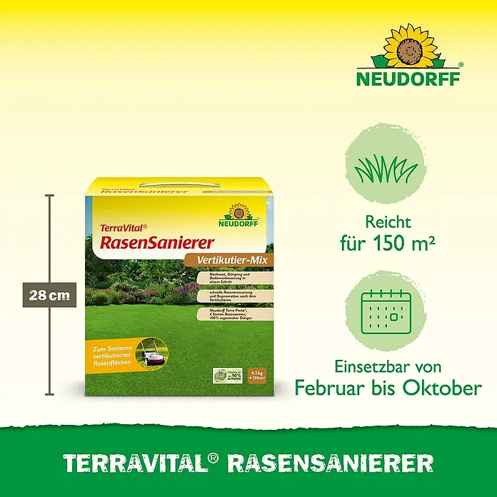 Neudorff TerraVital Vertikutier-Mix - 4,5 kg, 150 m² - Produktabbildung von TerraVital RasenSanierer, einer Mischung zur Rasensanierung, die Nachsaat, Düngung und Bodenverbesserung kombiniert.