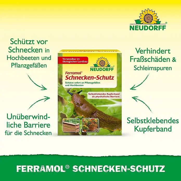 Neudorff Ferramol Schneckenband - 8 m - Bild des Ferramol Schnecken-Schutzes, ein Produkt zum Schutz von Pflanzen vor Schnecken mit selbstklebendem Kupferband.