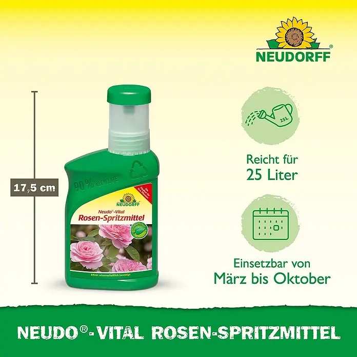 Neudorff Neudo-Vital Rosenspritzmittel - 250 ml - Abbildung des Neudorff Rosen-Spritzmittels, ein Produkt zur Rosenpflege, das für 25 Liter geeignet ist und von März bis Oktober verwendet werden kann.