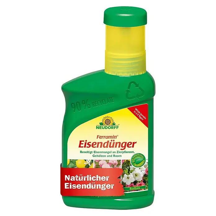 Neudorff Eisendünger Ferramin - 318 g, 250 ml - Produktfoto: Neudorff Ferramin Eisendünger. Beseitigt Eisenmangel, 90% Recyclat, wirkt in 2-3 Tagen. Ideal für Zierpflanzen, Gehölze und Rasen.