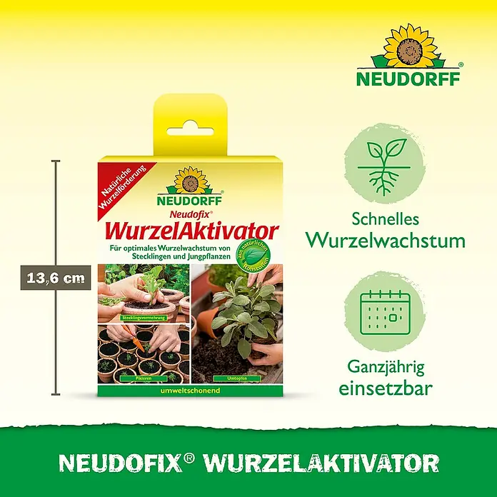 Neudorff Wurzelaktivator Neudofix - 20 g - Abbildung der Neudorff Neudofix Wurzelaktivator-Packung mit Angaben zu Größe und Produkteigenschaften.
