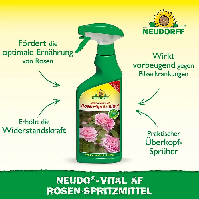 Neudorff Neudo-Vital Rosenspritzmittel AF - 500 ml - Abbildung einer Neudorff Rosen-Spritzmittel-Flasche, die die Rosen nährt und vor Pilzkrankheiten schützt.