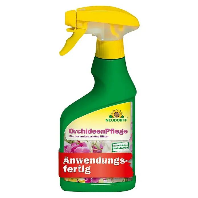 Neudorff Blattpflege Orchideen - 250 ml - Grüne Sprühflasche mit gelbem Sprühkopf und Etikett für Orchideenpflege. Es ist ein anwendungsfertiges Produkt.