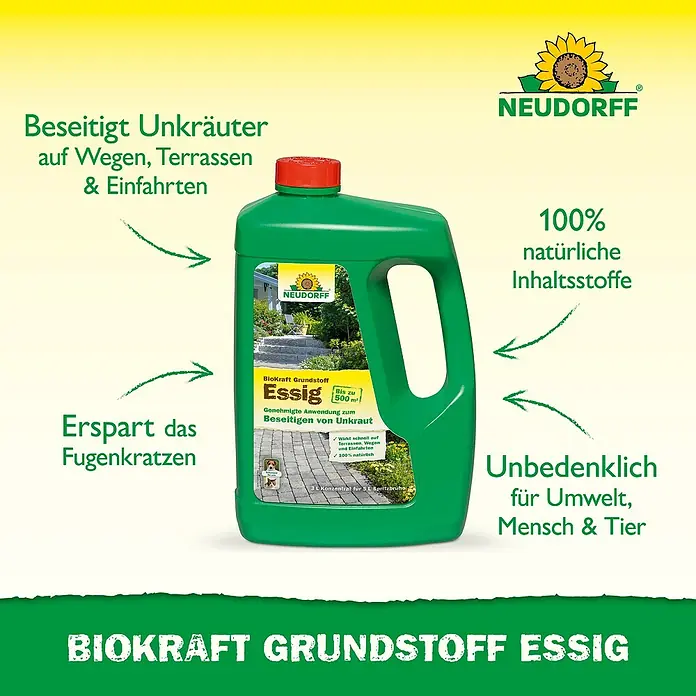 Neudorff BioKraft Grundstoff Essig - 3 l, 500 m² - Grüne Flasche Neudorff BioKraft Grundstoff Essig, ein 3L Essigkonzentrat zur Unkrautbekämpfung auf Wegen, Terrassen & Einfahrten.