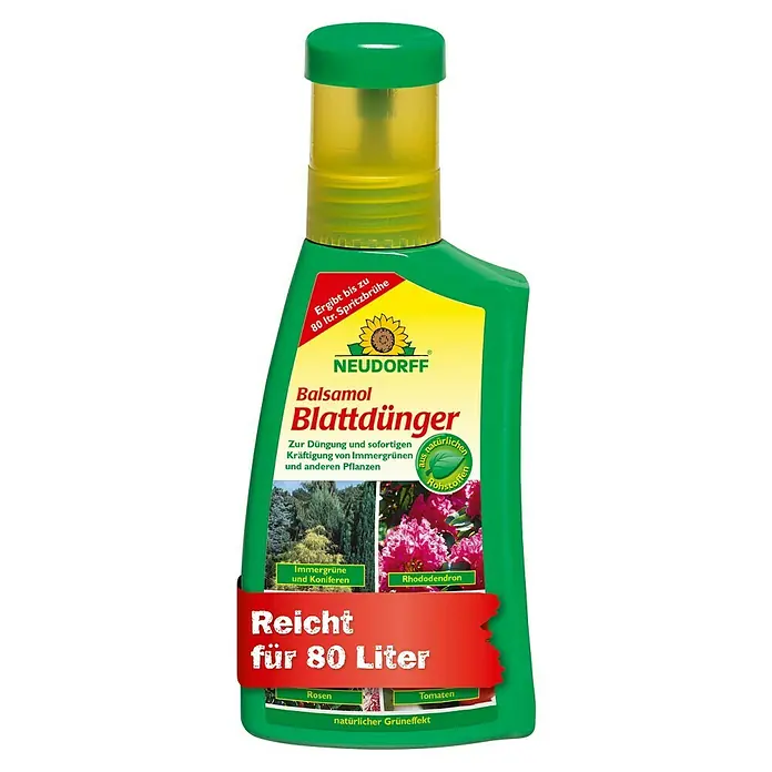 Neudorff Universaldünger Balsamol Blattdünger - 250 ml - Grüne Neudorff Balsamol Blattdünger Flasche mit gelbem Etikett, ausreichend für 80 Liter.