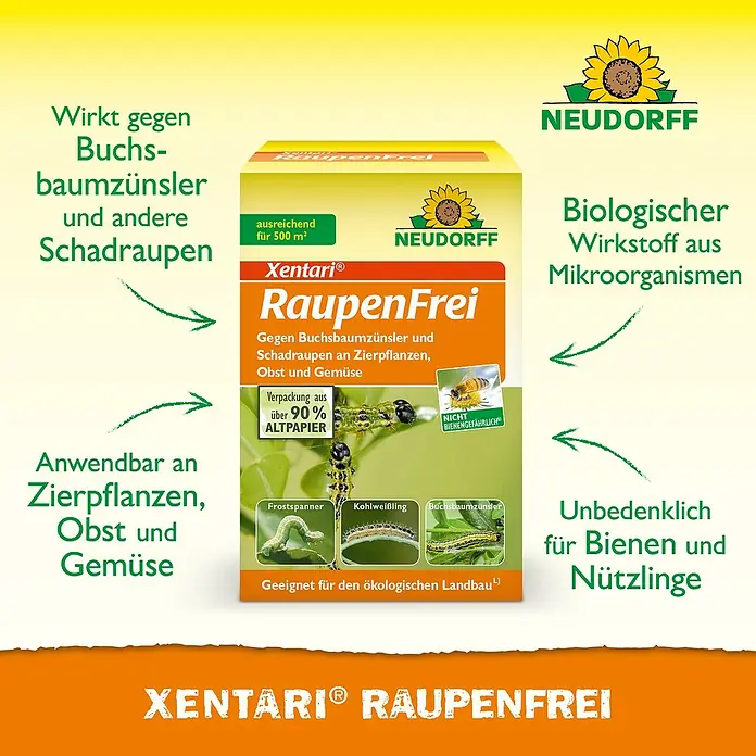 Neudorff Raupenfrei Xentari - 25 g - Produktabbildung von Xentari® RaupenFrei, einem biologischen Schädlingsbekämpfungsmittel gegen Buchsbaumzünsler und andere Schädlinge.