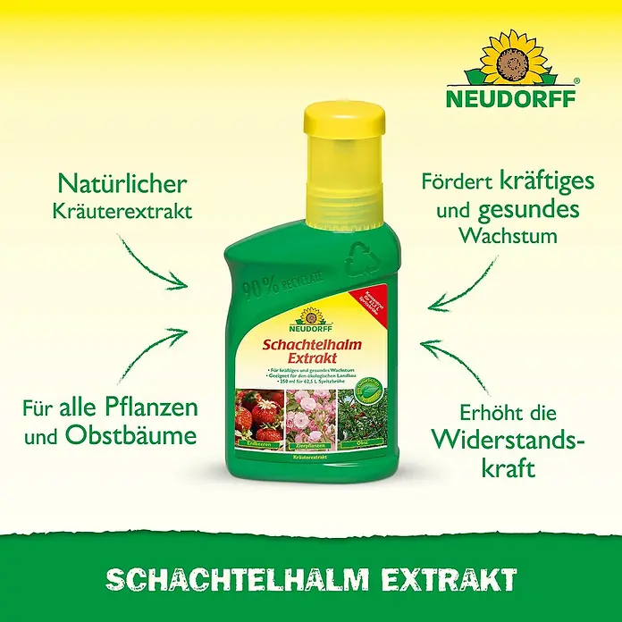Neudorff Pflanzenstärkungsmittel Schachtelhalm Extrakt - 270 g - Eine grüne Flasche NEUDORFF Schachtelhalm Extrakt mit gelbem Verschluss, ein natürlicher Pflanzenstärker für gesundes Wachstum und Widerstandskraft.