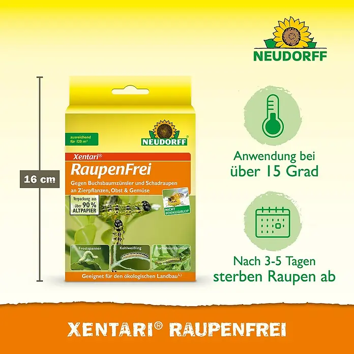 Neudorff Raupenfrei Xentari - 6 g - Produktbild von Neudorff Xentari Raupenfrei, einem Mittel gegen Buchsbaumzünsler und Schadraupen für Zierpflanzen, Obst und Gemüse.