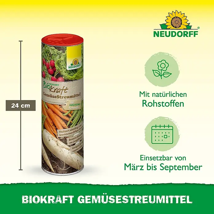 Neudorff BioKraft Gemüse-Streumittel - 500 g - Produktbild von "Neudorff Biokraft GemüseStreumittel", einem organischen Dünger für Gemüse, mit Infos zu Anwendung und Inhaltsstoffen.