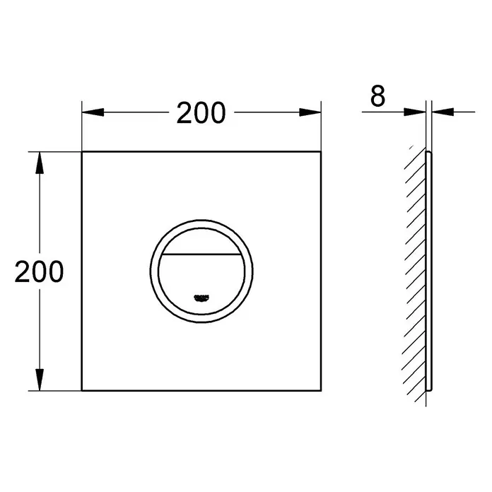 Grohe Betätigungsplatte Veris Light - Weiß, Spül-Stopp-System - Technische Zeichnung einer quadratischen Abdeckplatte, 200x200mm, 8mm dick, mit zentralem runden Detail für eine Armatur.