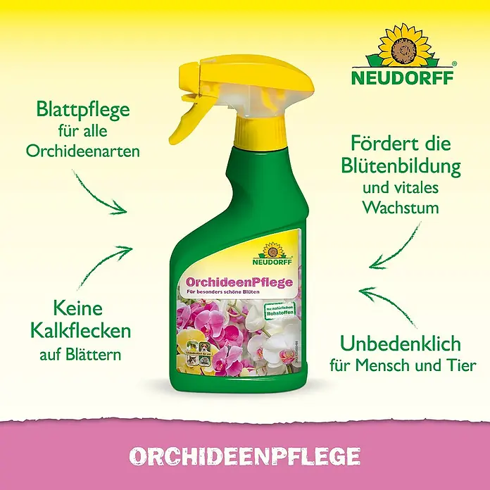 Neudorff Blattpflege Orchideen - 250 ml - Grüne Sprühflasche mit gelbem Sprühkopf und Kappe, beschriftet mit 'Neudorff Orchideenpflege' für Orchideen.