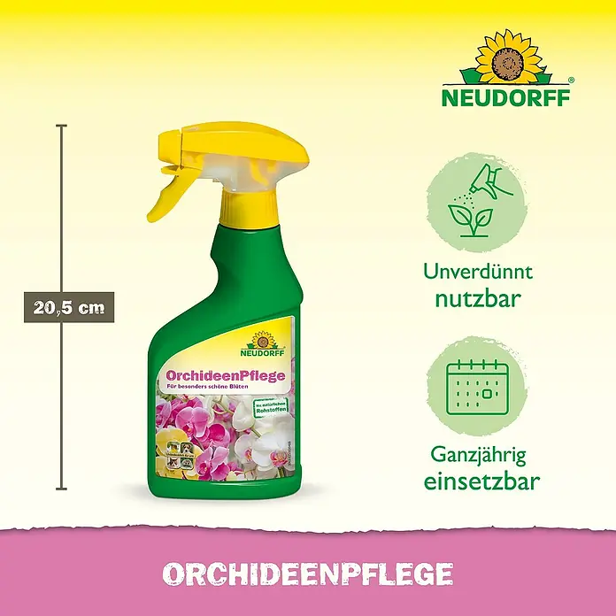 Neudorff Blattpflege Orchideen - 250 ml - Grüne Sprühflasche mit gelbem Kopf für Orchideenpflege, 20,5 cm hoch. Gebrauchsfertig und ganzjährig einsetzbar.