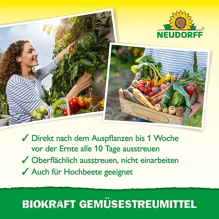 Neudorff BioKraft Gemüse-Streumittel - 500 g - Das Bild zeigt NEUDORFF BIOKRAFT Gemüsestreumittel, ein organisches Produkt für gesundes Gemüsewachstum.