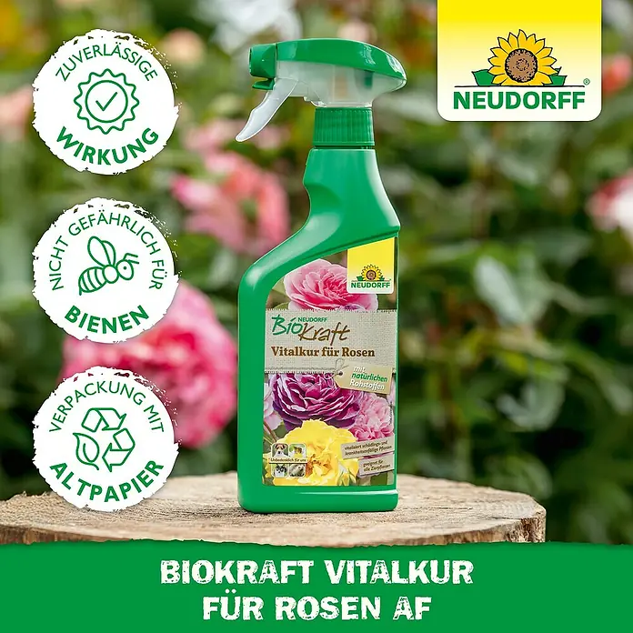 Neudorff BioKraft Vitalkur AF für Rosen - 500 ml - BioKraft Vitalkur für Rosen AF: Eine grüne Sprühflasche mit Rosen-Motiv, umgeben von grünen Qualitäts-Siegeln.