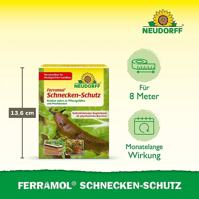 Neudorff Ferramol Schneckenband - 8 m - Produktbild von Ferramol Schnecken-Schutz, einem selbstklebenden Kupferband zur Abwehr von Schnecken im Garten, mit Größenangabe.