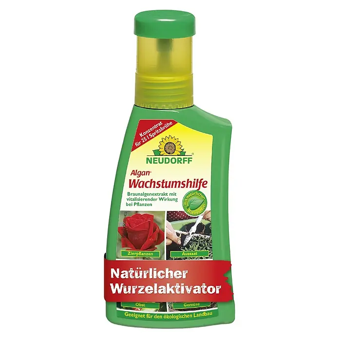 Neudorff Pflanzenstärkungsmittel Algan Wachstumshilfe - 250 ml - Produktabbildung von Neudorff Algan Wachstumshilfe, ein natürlicher Wurzelaktivator für Zierpflanzen, Obst und Gemüse im ökologischen Landbau.
