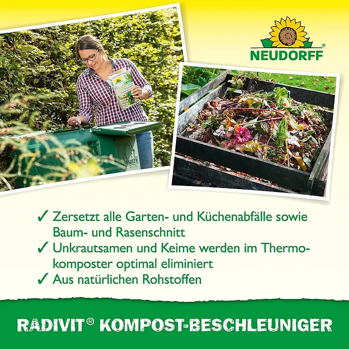 Neudorff Kompostbeschleuniger Radivit - 1 kg - Anzeige für RADIVIT Kompost-Beschleuniger von Neudorff, der Garten- und Küchenabfälle sowie Baum- und Rasenschnitt zersetzt.