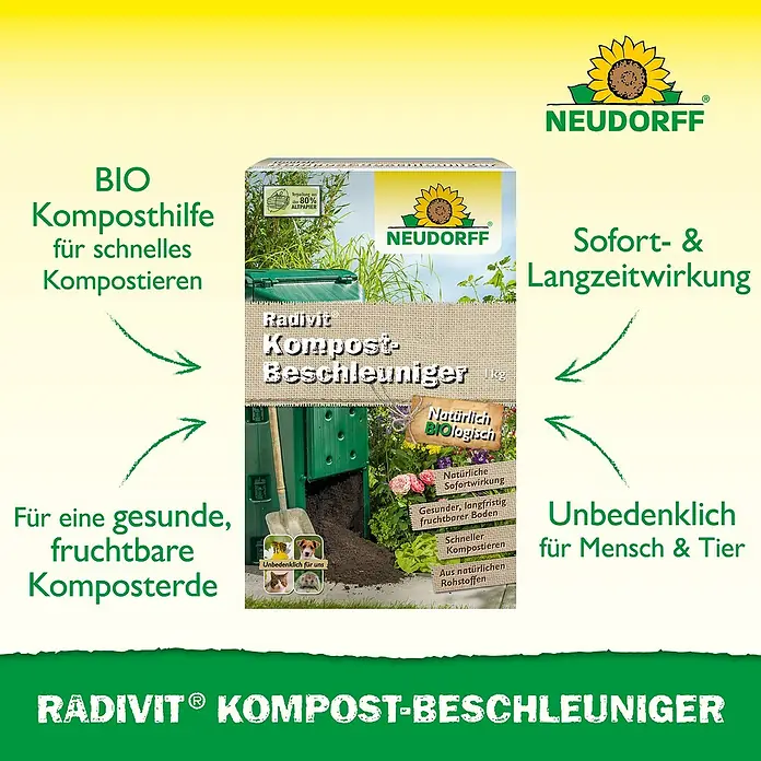 Neudorff Kompostbeschleuniger Radivit - 1 kg - Abbildung von Radivit Kompost-Beschleuniger, einem BIO Komposthelfer für schnelles Kompostieren mit Sofort- & Langzeitwirkung.