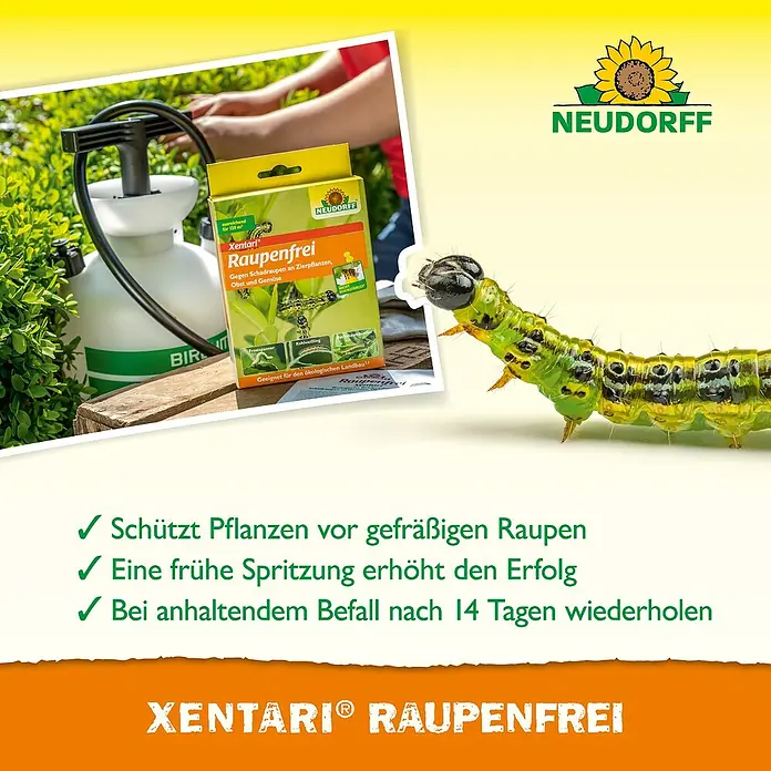Neudorff Raupenfrei Xentari - 25 g - Produktbild von Neudorff Xentari Raupenfrei, ein Mittel zur Bekämpfung von Raupen an Zierpflanzen, Obst und Gemüse.