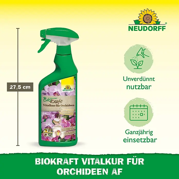 Neudorff BioKraft Vitalkur AF für Orchideen - 500 ml - Das Bild zeigt eine grüne Sprühflasche "BioKraft Vitalkur für Orchideen" von Neudorff, die Orchideen vitalisiert und die Blütenbildung fördert.