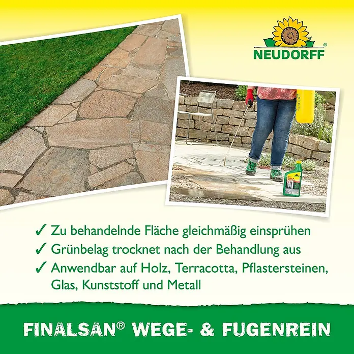 Neudorff Finalsan Wege- & Fugenrein - 1.000 ml, Konzentrat - Das Bild zeigt Finalsan® Wege- & Fugenrein von Neudorff, ein Produkt zur Reinigung von Wegen und Fugen, mit Anwendungsbeispielen.