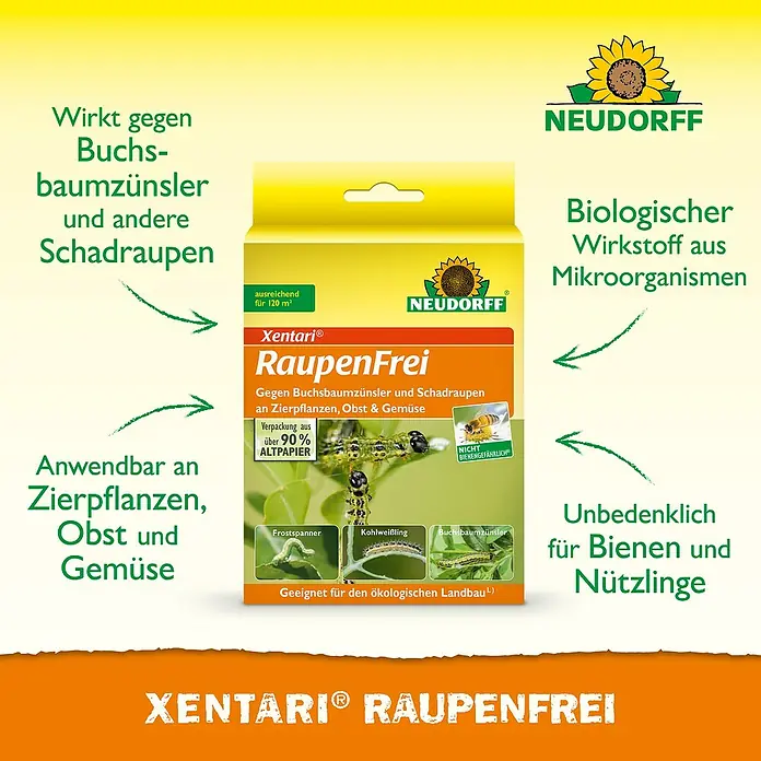 Neudorff Raupenfrei Xentari - 6 g - Produktbild von Xentari® RaupenFrei, einem biologischen Schädlingsbekämpfungsmittel gegen Buchsbaumzünsler und andere Schadraupen.