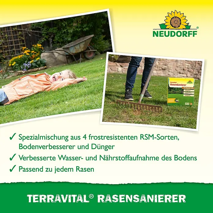 Neudorff TerraVital Vertikutier-Mix - 4,5 kg, 150 m² - Rasensanierer von Neudorff: Spezialmischung für jeden Rasen, die eine verbesserte Wasser- und Nährstoffaufnahme des Bodens ermöglicht.