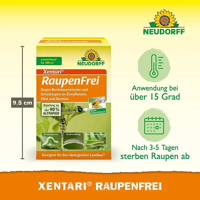 Neudorff Raupenfrei Xentari - 25 g - Produktbild von Xentari Raupenfrei, einem Mittel gegen Raupen an Zierpflanzen, Obst und Gemüse. Die Verpackung besteht aus über 90% Altpapier.