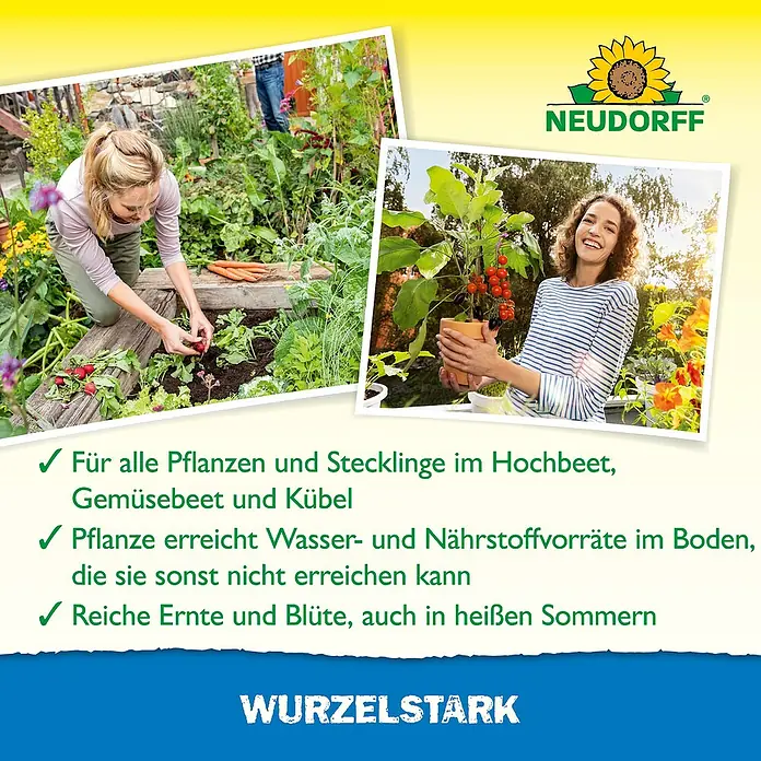 Neudorff Wurzelaktivator MyccoVital Wurzelstark - 36 g - Werbung für NEUDORFF Wurzelstark mit glücklichen Gärtnern und üppigen Ernten. Ideal für Hochbeete und Gemüsebeete.