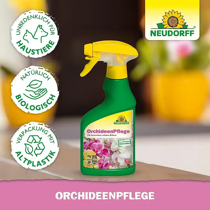 Neudorff Blattpflege Orchideen - 250 ml - Grüne NEUDORFF Orchideenpflege-Sprühflasche mit gelbem Sprühkopf und Gütesiegeln, in einer häuslichen Umgebung platziert.
