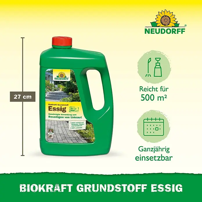 Neudorff BioKraft Grundstoff Essig - 3 l, 500 m² - Grüner Kanister Neudorff BioKraft Grundstoff Essig, 27 cm hoch, Unkrautvernichter für bis zu 500 m², ganzjährig einsetzbar.