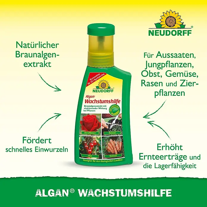 Neudorff Pflanzenstärkungsmittel Algan Wachstumshilfe - 250 ml - Das Neudorff Algan Wachstumshilfe-Produkt, ein natürlicher Braunalgenextrakt, fördert das Wachstum von Aussaaten, Jungpflanzen und Zierpflanzen.