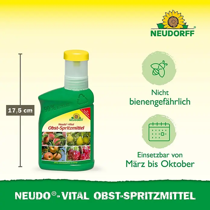 Neudorff Neudo-Vital Obst-Spritzmittel - 250 ml - Produktbild von Neudorff Vital Obst-Spritzmittel, 17,5 cm hoch, aus 90% Recyclat, nicht bienengefährlich und von März bis Oktober einsetzbar.