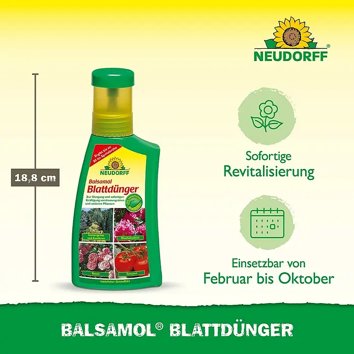 Neudorff Universaldünger Balsamol Blattdünger - 250 ml - Grüne Kunststoffflasche Neudorff Balsamol Blattdünger, 18,8 cm hoch, mit gelbem Sprühkopf, zur Pflanzenrevitalisierung.