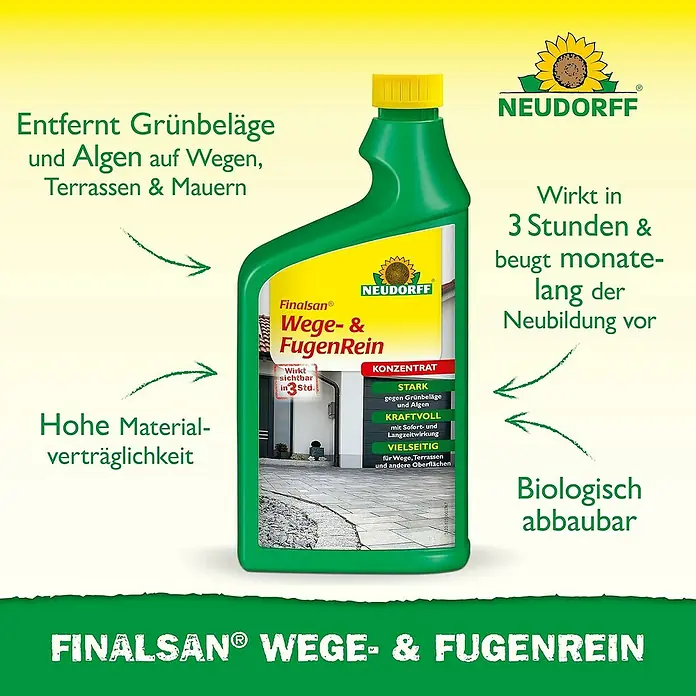 Neudorff Finalsan Wege- & Fugenrein - 1.000 ml, Konzentrat - Finalsan Wege- & Fugenreiniger: Entfernt Grünbeläge und Algen auf Wegen, Terrassen und Mauern. Wirkt in 3 Stunden und beugt Neubildung vor.