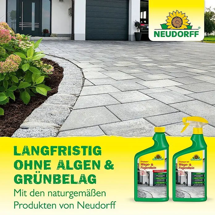 Neudorff Finalsan Unkrautfrei Plus - 2 l - Das Bild zeigt Neudorff Finalsan Wege- & FugenReiniger als Konzentrat und gebrauchsfertige AF-Version vor Pflastersteinen.