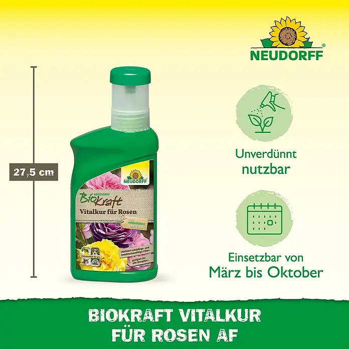 Neudorff BioKraft Vitalkur Für Rosen - 300 ml - Flasche Neudorff Biokraft Vitalkur für Rosen AF mit Angaben zur Anwendung und Größe.