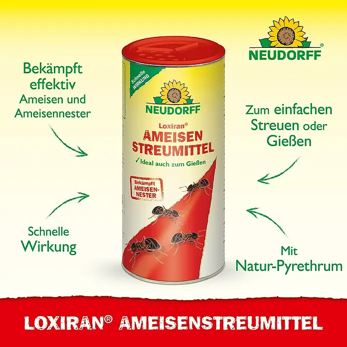 Neudorff Loxiran Ameisen-Mittel S - 500 g - Bild einer Dose Loxiran Ameisen Streumittel von Neudorff. Das Mittel wirkt effektiv gegen Ameisen und ihre Nester.
