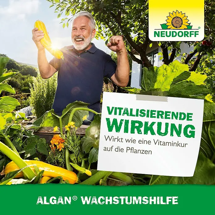 Neudorff Pflanzenstärkungsmittel Algan Wachstumshilfe - 250 ml - Ein Mann freut sich über seine Ernte, beworben wird Algan® Wachstumshilfe von Neudorff für vitalisierende Wirkung.
