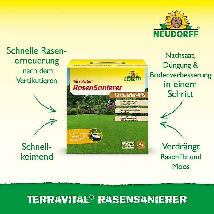 Neudorff TerraVital Vertikutier-Mix - 4,5 kg, 150 m² - Produktbild des TerraVital Rasensanierer Vertikutier-Mix, der schnelle Rasenerneuerung, Nachsaat, Düngung und Bodenverbesserung bietet.