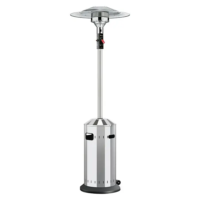 Enders Estufa de exterior Elegance - Potencia calorífica: 3,5 kW - 8 kW, Altura: 218 cm - Calentador de patio plateado de acero inoxidable con pantalla redonda y tubo vertical estrecho.