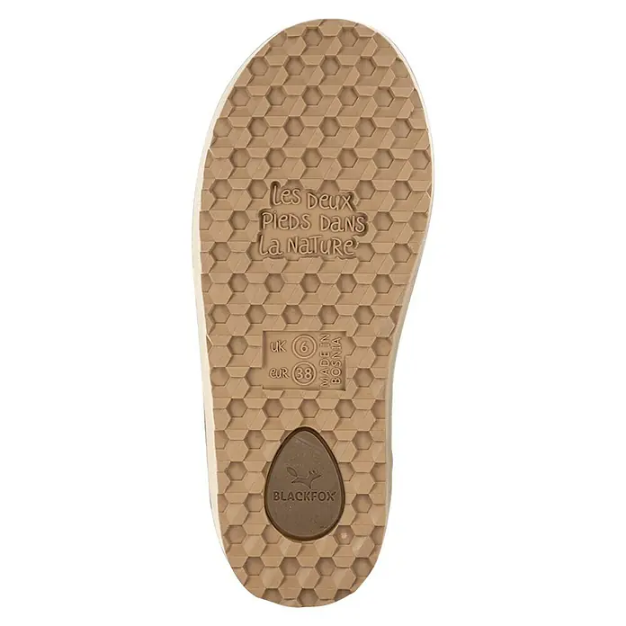 Black Fox Winterstiefel Cheyennetoo - Schuhgröße: 42, Dunkelbraun - Beige Schuhsohle mit Wabenmuster, Prägetext 'Les Deux Pieds Dans La Nature', Größe UK 6 / EUR 38, 'Made in Bosnia' und 'BLACKFOX' Logo.