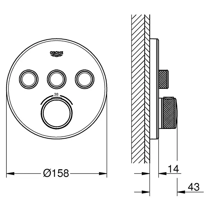 Grohe Grohtherm SmartControl UP-Thermostatarmatur - 3 Stk., Rund, Moon White, Glänzend - Technische Zeichnung einer runden GROHE Brausearmatur mit vier Bedienelementen, Vorder- und Seitenansicht mit Maßen.
