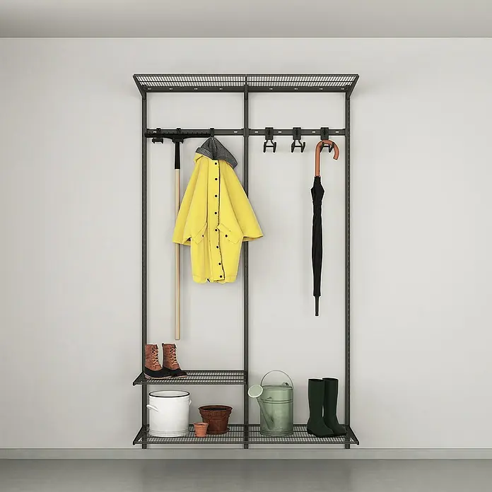 Elfa Garage+ by Elfa Wandregal-Set Garten - B x T x H: 124,8 x 52,2 x 217,2 cm, Grau, Stahl - Schwarzes Wandregalsystem aus Draht mit Ablagen und Haken zur Organisation von Outdoor-Ausrüstung und Gartengeräten.