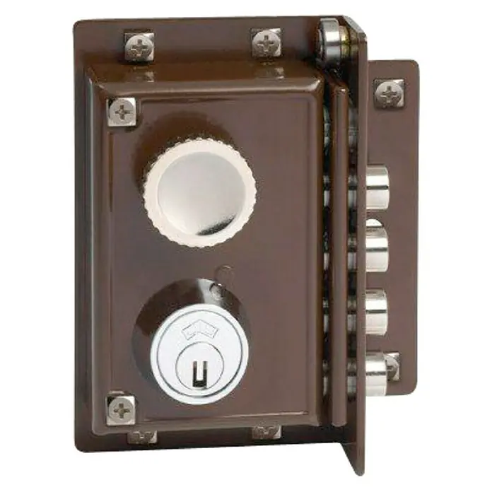JiS Cerradura con cerrojo 5240 - Tipo de bloqueo: Cerradura de bombín, DIN-derecha, Puerta exterior - Primer plano de una cerradura marrón con múltiples cerrojos y un pomo. Ideal para puertas principales y accesos seguros.