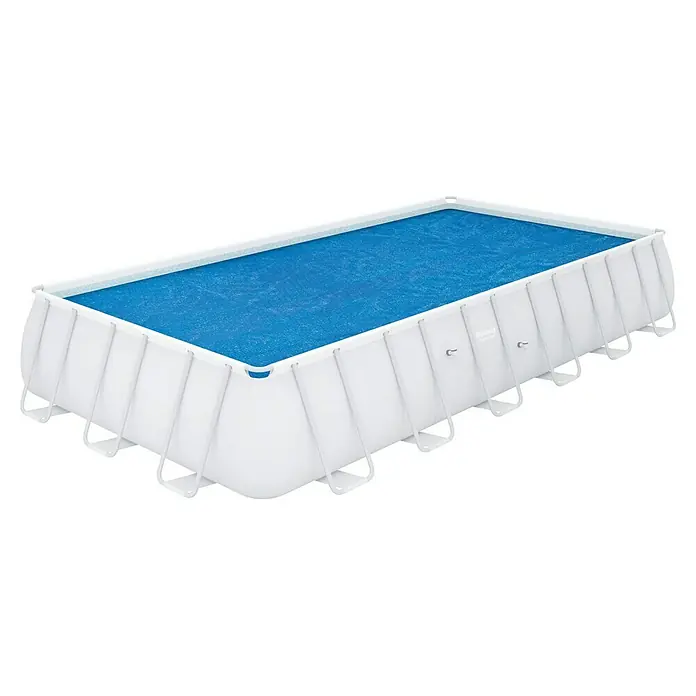 Bestway Solarabdeckplane - L x B: 336 x 703 cm, Material: Kunststoff - Rechteckiger, oberirdischer Pool mit blauem Innenraum und weißem Rahmen. Ideal für Familien, die eine kühle Erfrischung im Sommer suchen.
