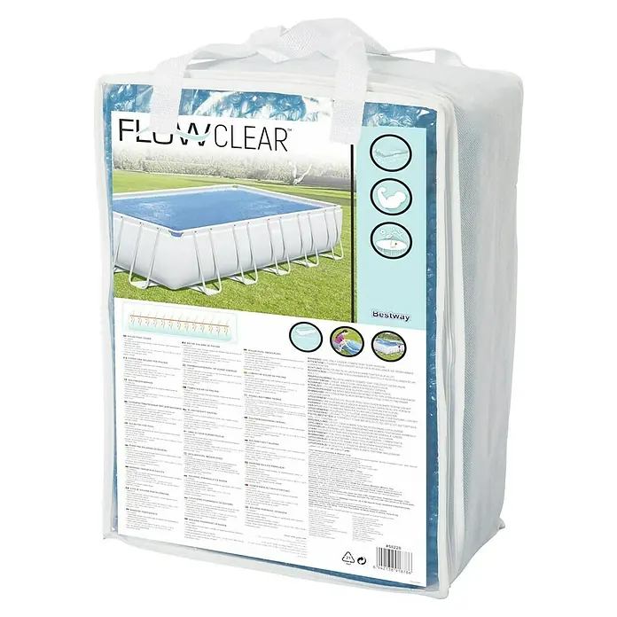 Bestway Solarabdeckplane - L x B: 336 x 703 cm, Material: Kunststoff - Bild des verpackten Flowclear Solar Pool Cover von Bestway. Das Cover ist in einer transparenten Tasche mit Tragegriffen.