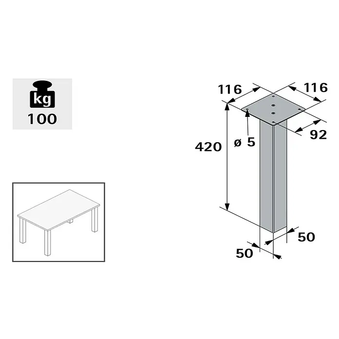 Hettich Möbelfuß Melta - L x B x H: 5 x 5 x 42 cm, Traglast: 100 kg, Holz - Eine technische Zeichnung eines Tischbeins mit Abmessungen und einem Gewichtssymbol mit der Aufschrift 100 kg.